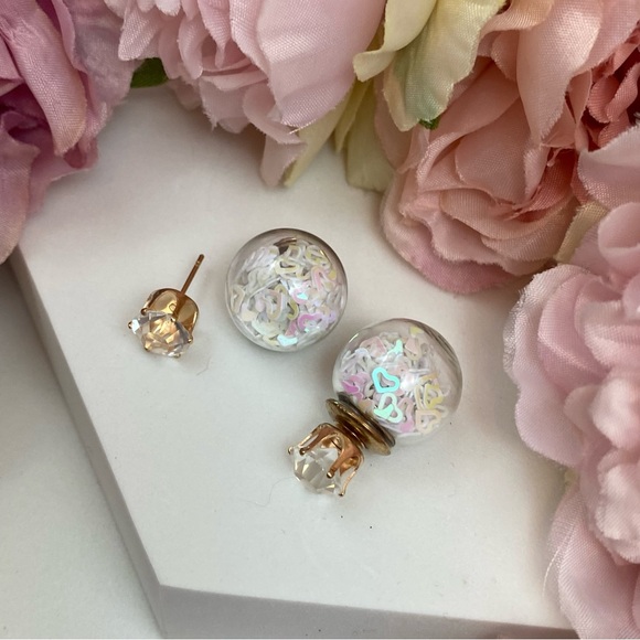 Double Stud Iridescent Heart Confetti Earrings - Picture 9 of 16